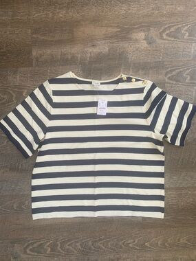 J. Crew Navy and Cream Striped Tee with Boatneck and Three Gold Buttons